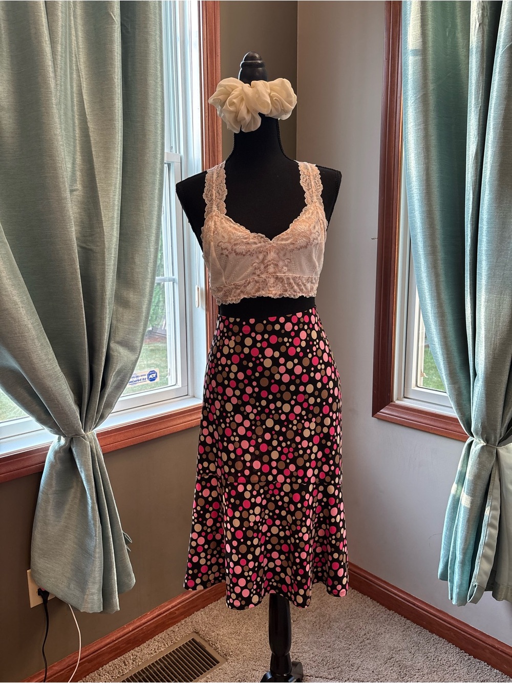 Norton McNaughton Black Maxi Skirt with Pink and Cream Polka Dots